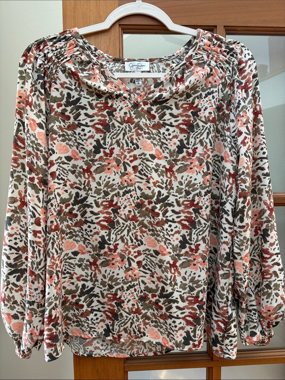 Fall Floral Peasant Blouse - Rust/Peach/Olive